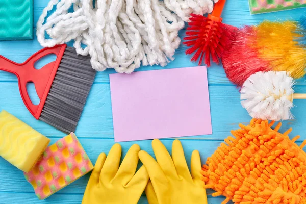 Colorful cleaning supplies composition. — Stock Photo, Image