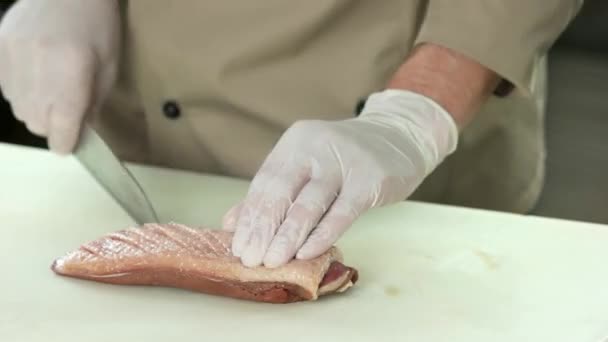 Hands with knife scoring meat. — Stock Video