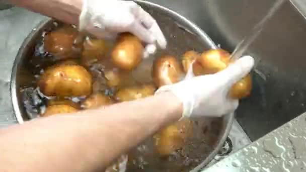 Manos lavando papas frescas . — Vídeo de stock