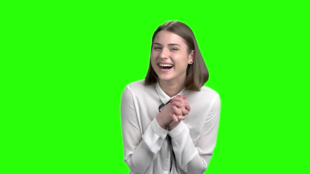 Happy girl with folded hands laughing, slow motion. — Stock Video