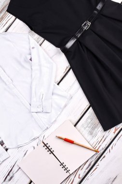 Kızlar okul üniforması, defter, pensil.