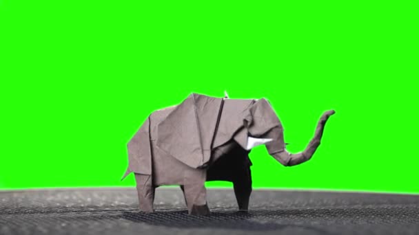 Elefante origami miniatura na tela verde. — Vídeo de Stock