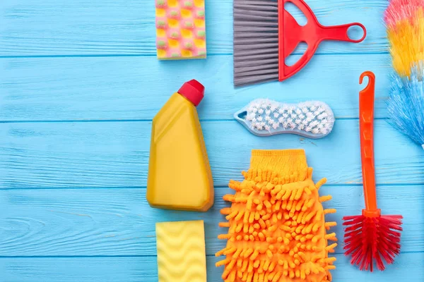 House cleaning products on colorful background. — Stock Photo, Image