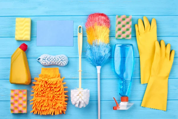 House cleaning set on wooden background. — Stock Photo, Image