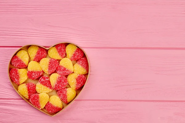Heart shaped box with jelly candies. — Stock Photo, Image