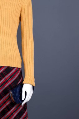 Kadın kazak, etek ve m-cüzdan.