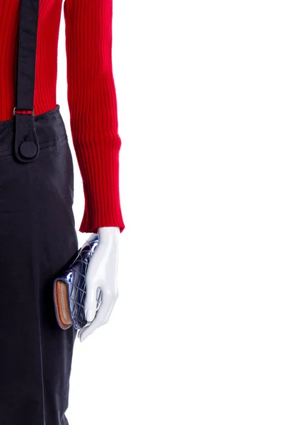 女性のセーター、ズボン、財布、コピー スペース. — ストック写真