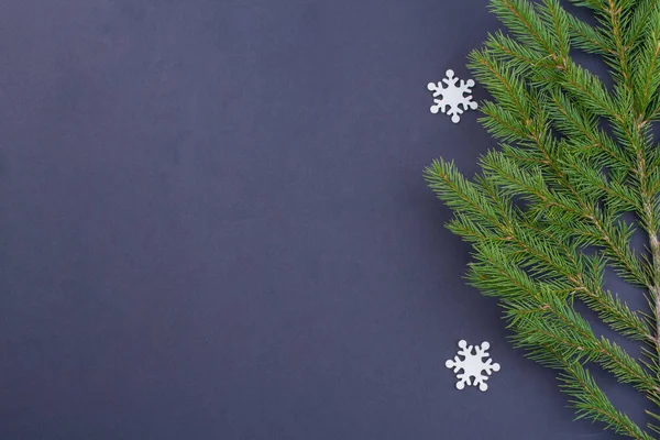 Tannenzweig und weiße Schneeflocken. — Stockfoto