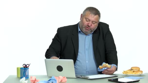 Homme d'affaires occupé parler au téléphone et manger un hamburger . — Video