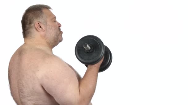 Homme obèse faisant de l'exercice avec des haltères . — Video