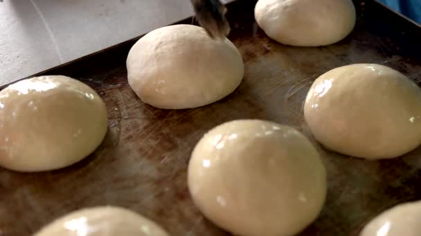 Bäcker bürstet Eigelb auf Teig. — Stockvideo