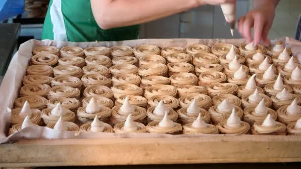 Bäcker dekoriert Plätzchen mit leckerer Sahne. — Stockvideo