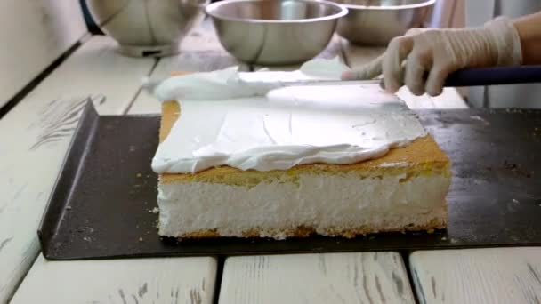 Bolo de cobertura Chef com creme branco . — Vídeo de Stock