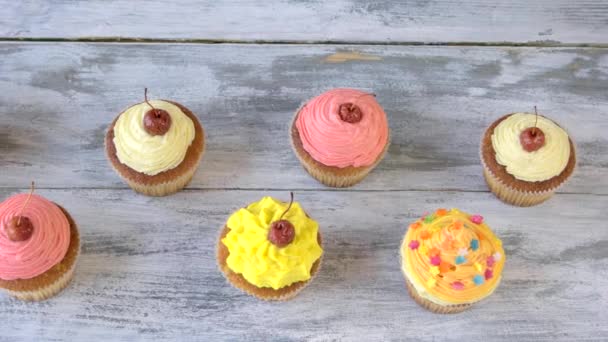 Coleção de cupcakes com cobertura colorida . — Vídeo de Stock