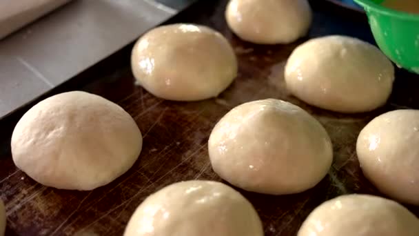 Preparación de la masa para panecillos antes de colocarla en el horno . — Vídeos de Stock