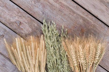 Tahta zemin üzerinde çeşitli tahıl türleri.