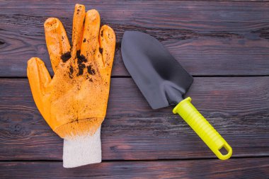 Used dirty gardening glove and trowel.
