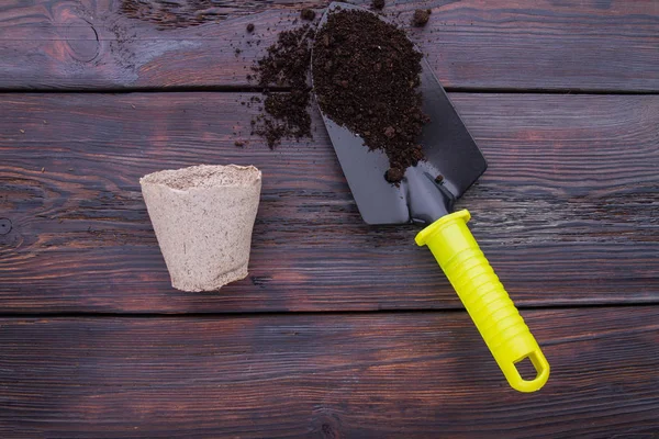 Trowel with soil and cardboard fibre cup. — 스톡 사진