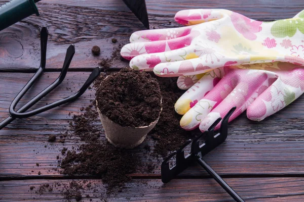 Set of gardening tools with fibre pot. — 스톡 사진