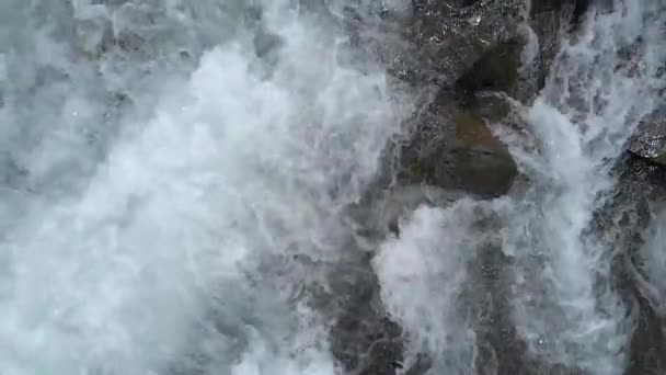 Das Wasser des stürmischen Gebirgsflusses, der zwischen Steinen fließt. — Stockvideo