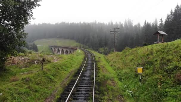 Karpaten neblige Landschaft mit Eisenbahn. — Stockvideo