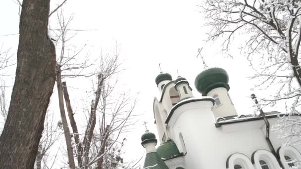 Église orthodoxe slave au milieu des arbres d'hiver nus couverts de neige . — Video