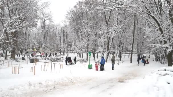 Niños en trineo en un tobogán de nieve . — Vídeos de Stock