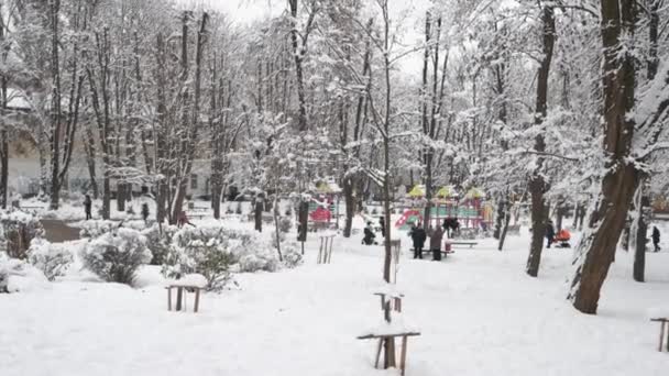 Parque de la ciudad de invierno lleno de gente . — Vídeos de Stock