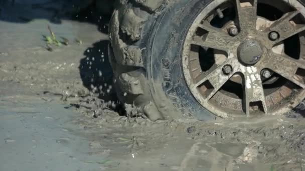 Driving offroad wheel in a water dirt. — Stockvideo