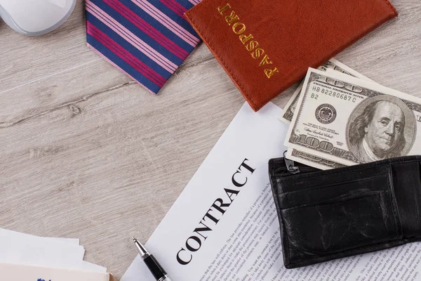 Contract, tie and passport. — Stock Photo, Image