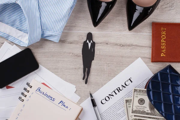 Office womans flatlay on wooden table. — Stock Photo, Image