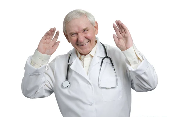 Très vieux docteur riant levant les mains . — Photo