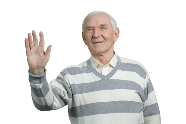 En glad gammal man som hälsar dig välkommen.. — Stockfoto