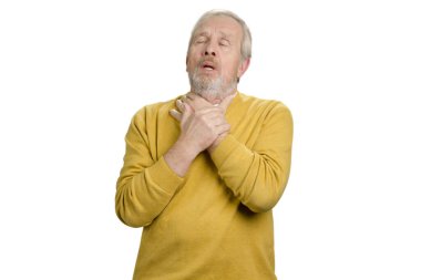 Old senior grandpa having terrible sore throat.