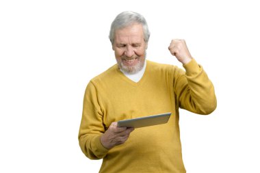 Grandpa rejoicing success in video game.