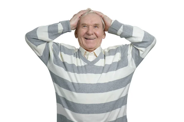 Old man touching head pose. — Stock Photo, Image