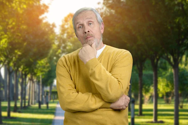 Portrait of old thoughtful man in park with green background.