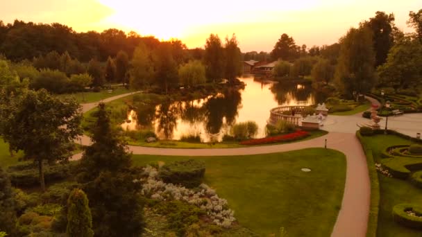 View from a dron landing in evening park. — Stock Video