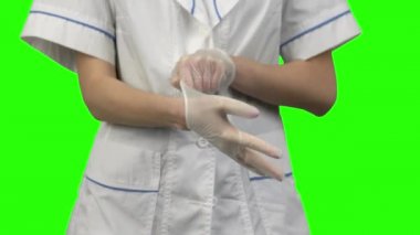 Woman hands putting on a latex gloves isolated on a green background.