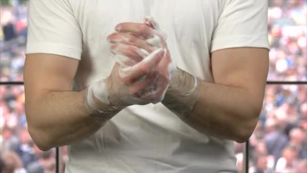 Close up young man washing his hands with soap foam. — Stock Video