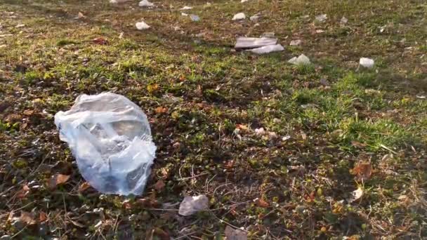 Gedumpt op het gras plastic zak flapperend door de wind. — Stockvideo