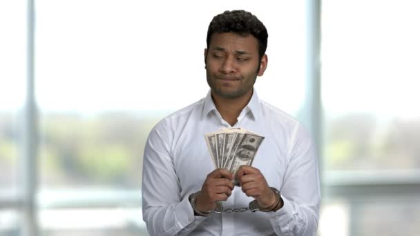 Portrait of hindu man arrested for corruption. — Stock Video