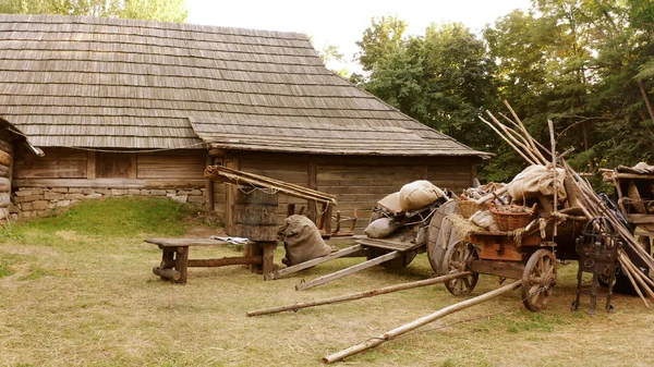 Log kabin dan troli kayu pedesaan. — Stok Foto