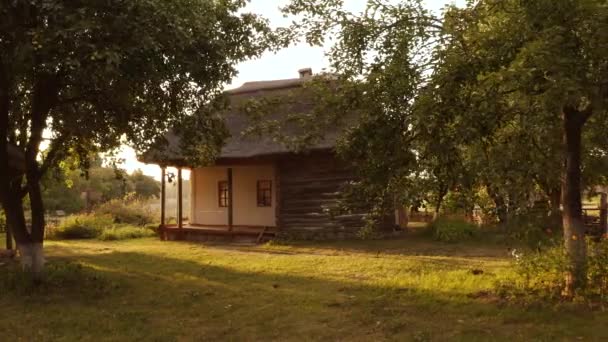 Old rustic village hut yard lawn. — Stock Video