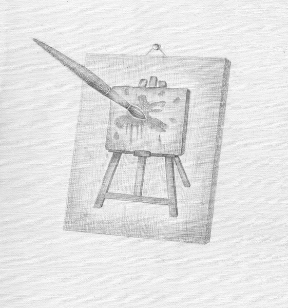 Easel with brush and paints on the pen drawing background — Stock Photo, Image