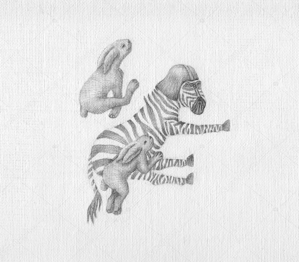 Zebra and rabbits on the pen drawn background
