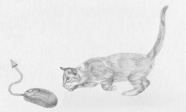 Kot gra z mysz komputerową na tle pióro rysunek ręka — Zdjęcie stockowe