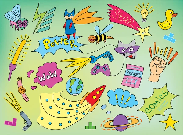 Divertido patrón de niños cómicos con héroes, signos, colores brillantes, espacio, planetas y animales — Archivo Imágenes Vectoriales
