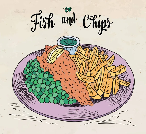 Traditional english dish fish and chips. Restaurant menu. — Stock Vector