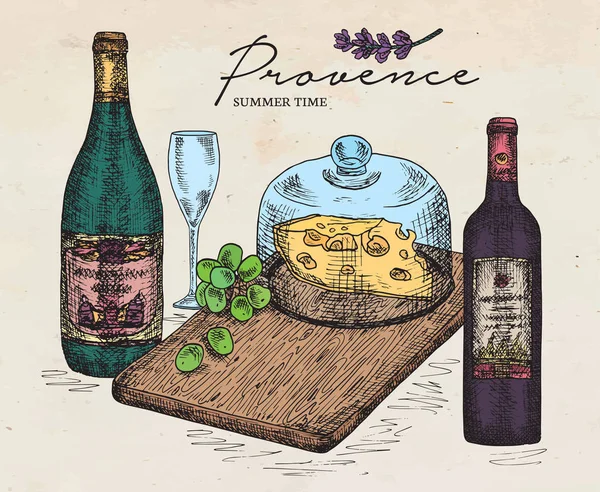 Kézi rajz szemlélteti sajt vágódeszka, szőlő, bor, pezsgő. Provence, nyári idő. — Stock Vector